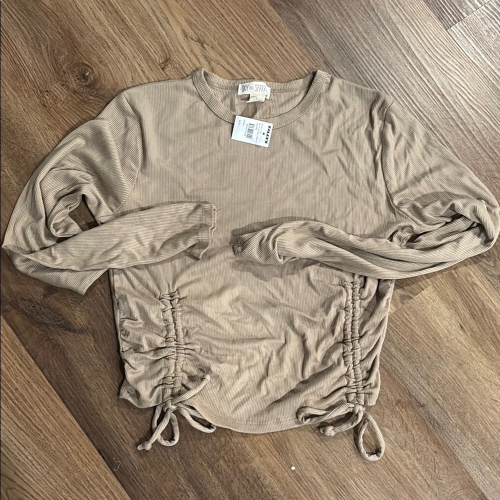 Tan Ruched Tie Front Blouse with Long Sleeves